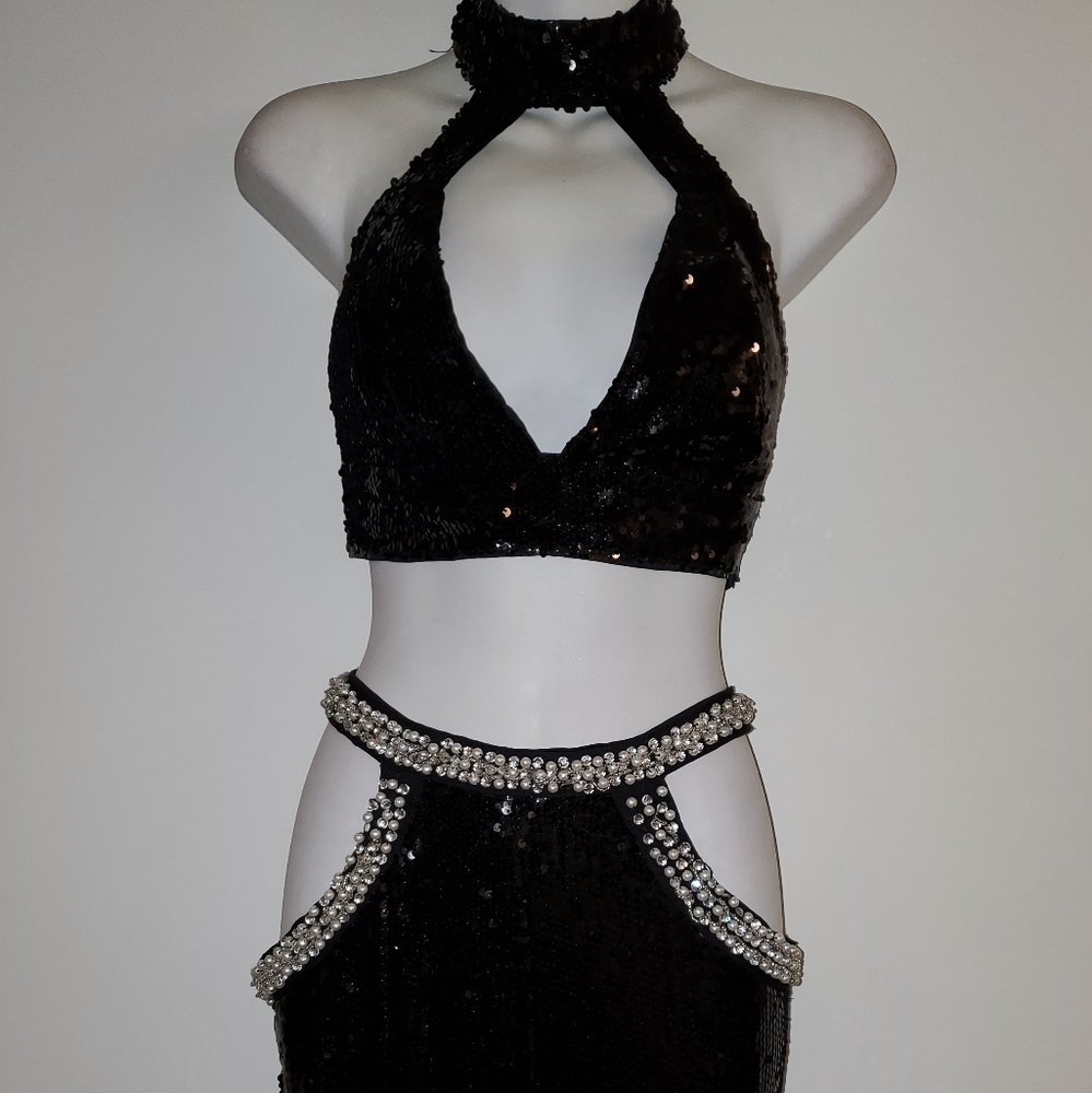 2pc Sequin Crop Halter and Cut Out Sequin Pant